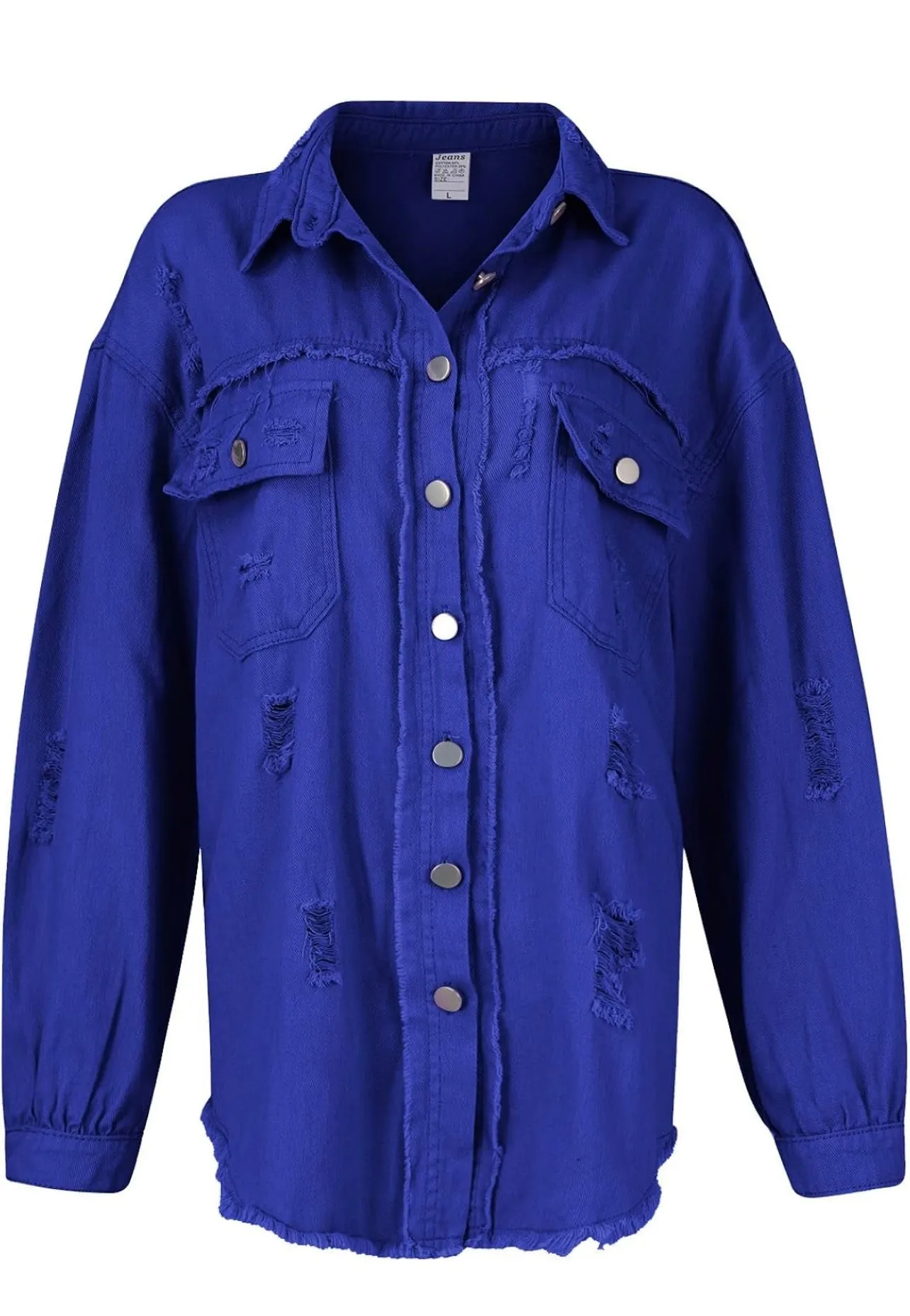 Casual women's Oversized Jean jacket Solid Color Long Sleeve Distressed Jacket  whit pocket