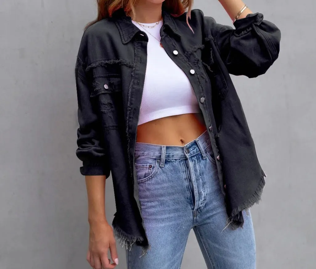 Casual women's Oversized Jean jacket Solid Color Long Sleeve Distressed Jacket  whit pocket