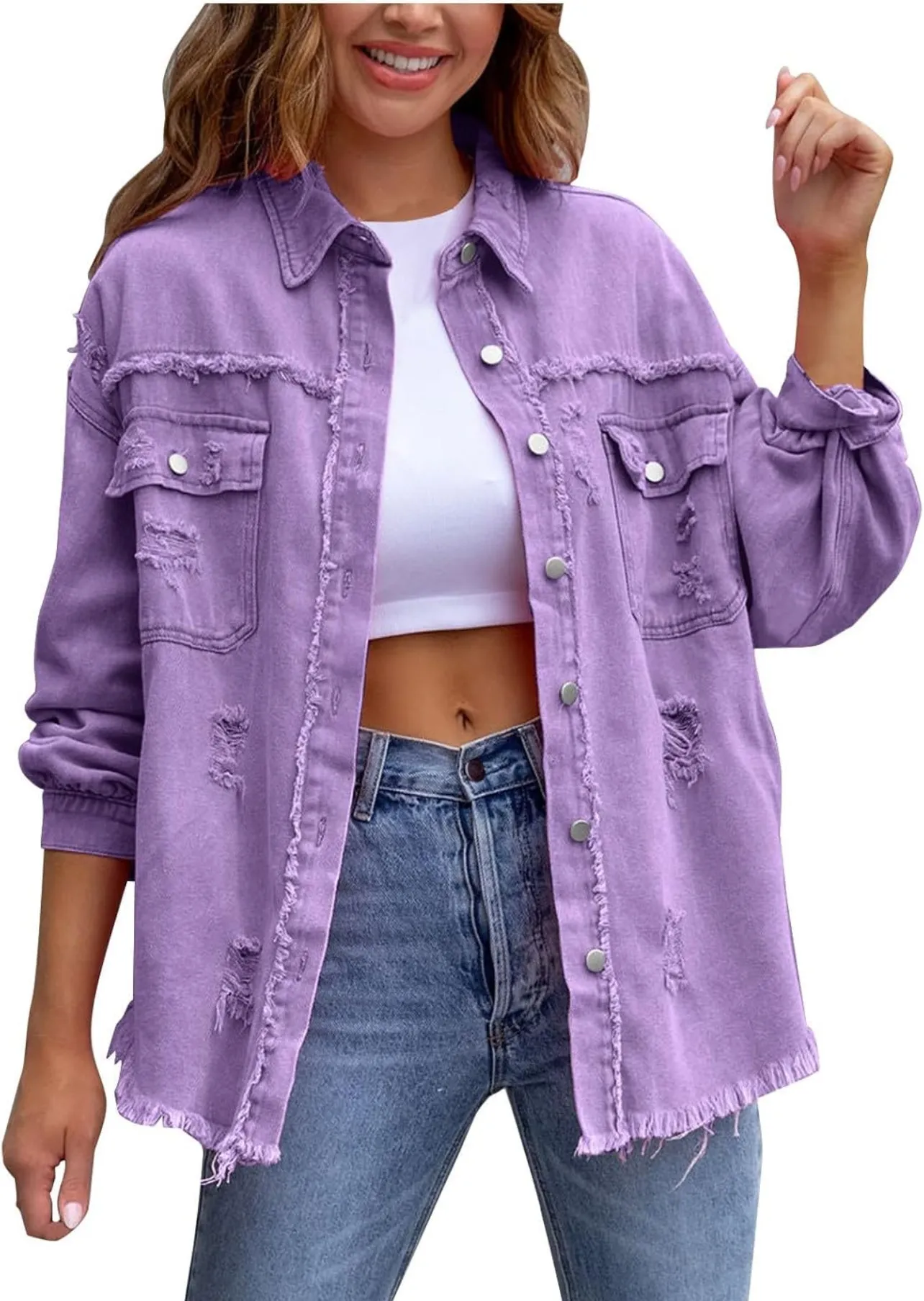 Casual women's Oversized Jean jacket Solid Color Long Sleeve Distressed Jacket  whit pocket