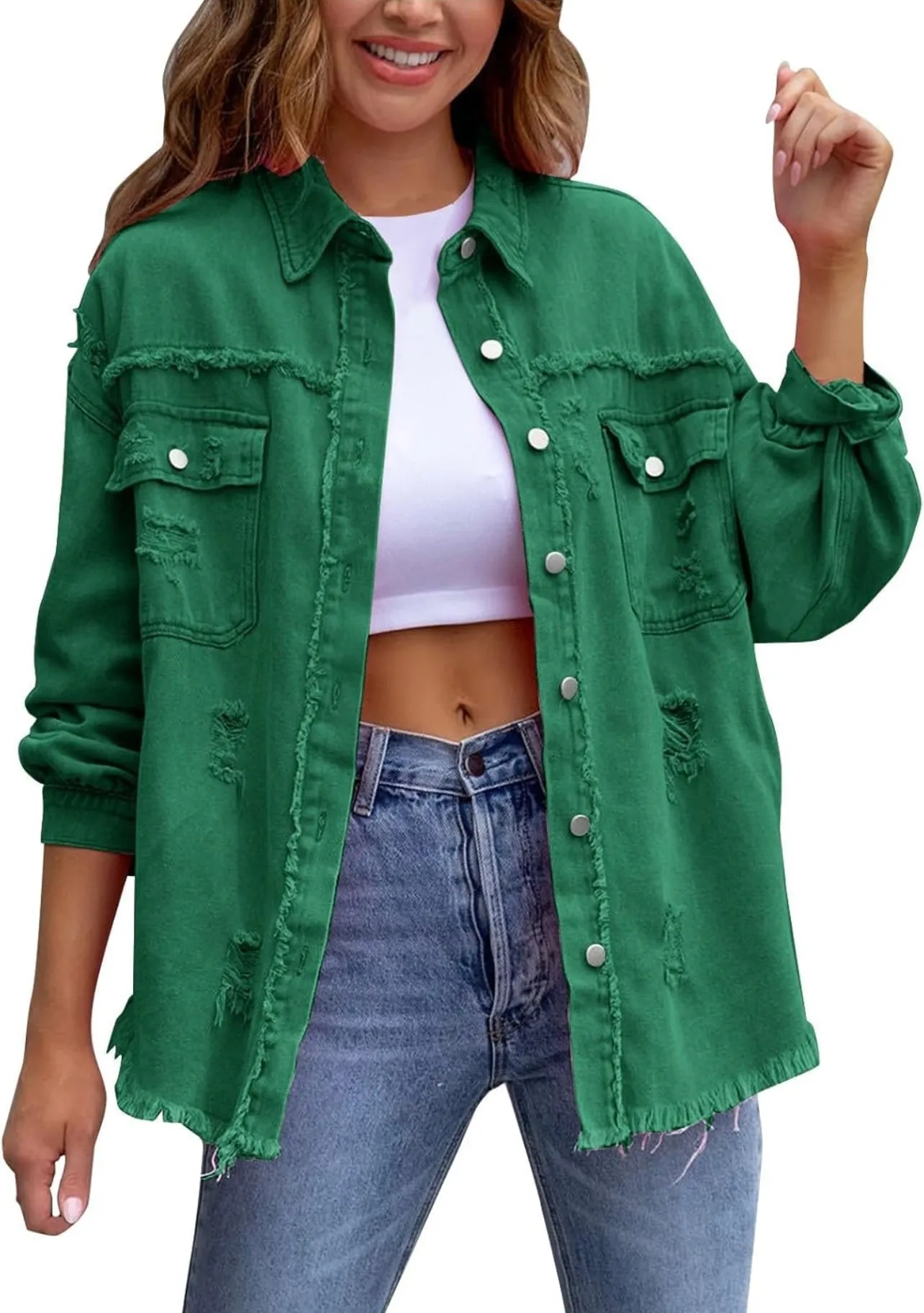 Casual women's Oversized Jean jacket Solid Color Long Sleeve Distressed Jacket  whit pocket