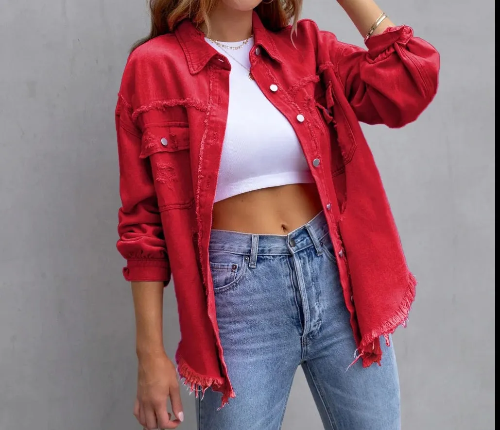 Casual women's Oversized Jean jacket Solid Color Long Sleeve Distressed Jacket  whit pocket