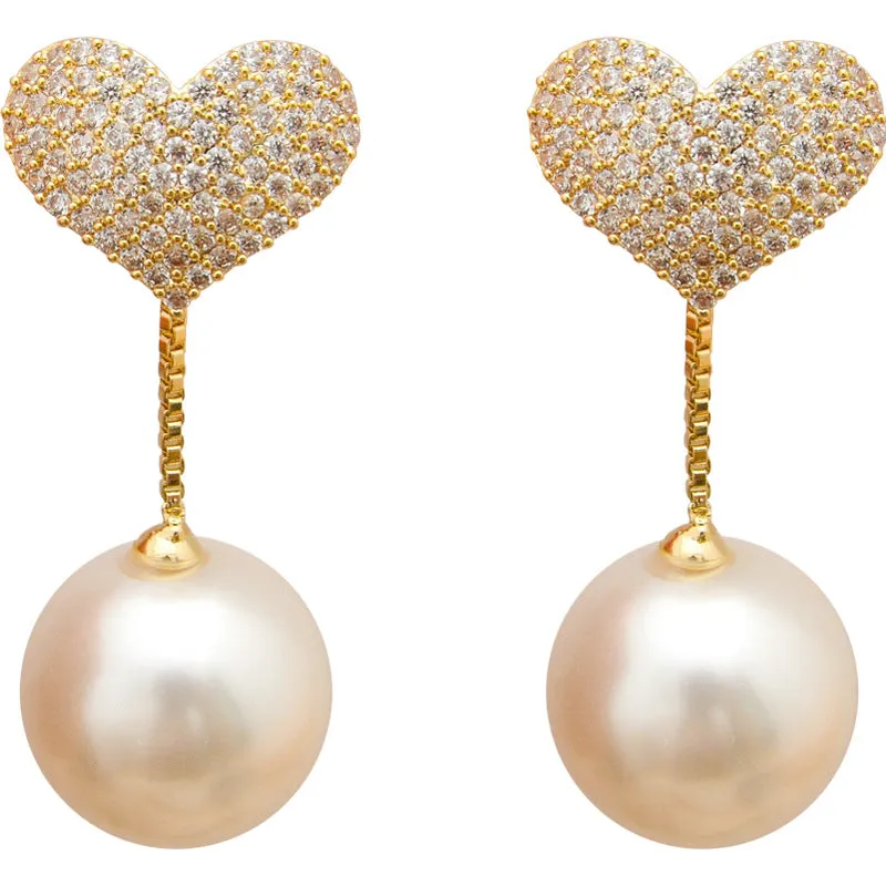 Champagne Pearl & Cubic Zirconia Heart Ear Jackets