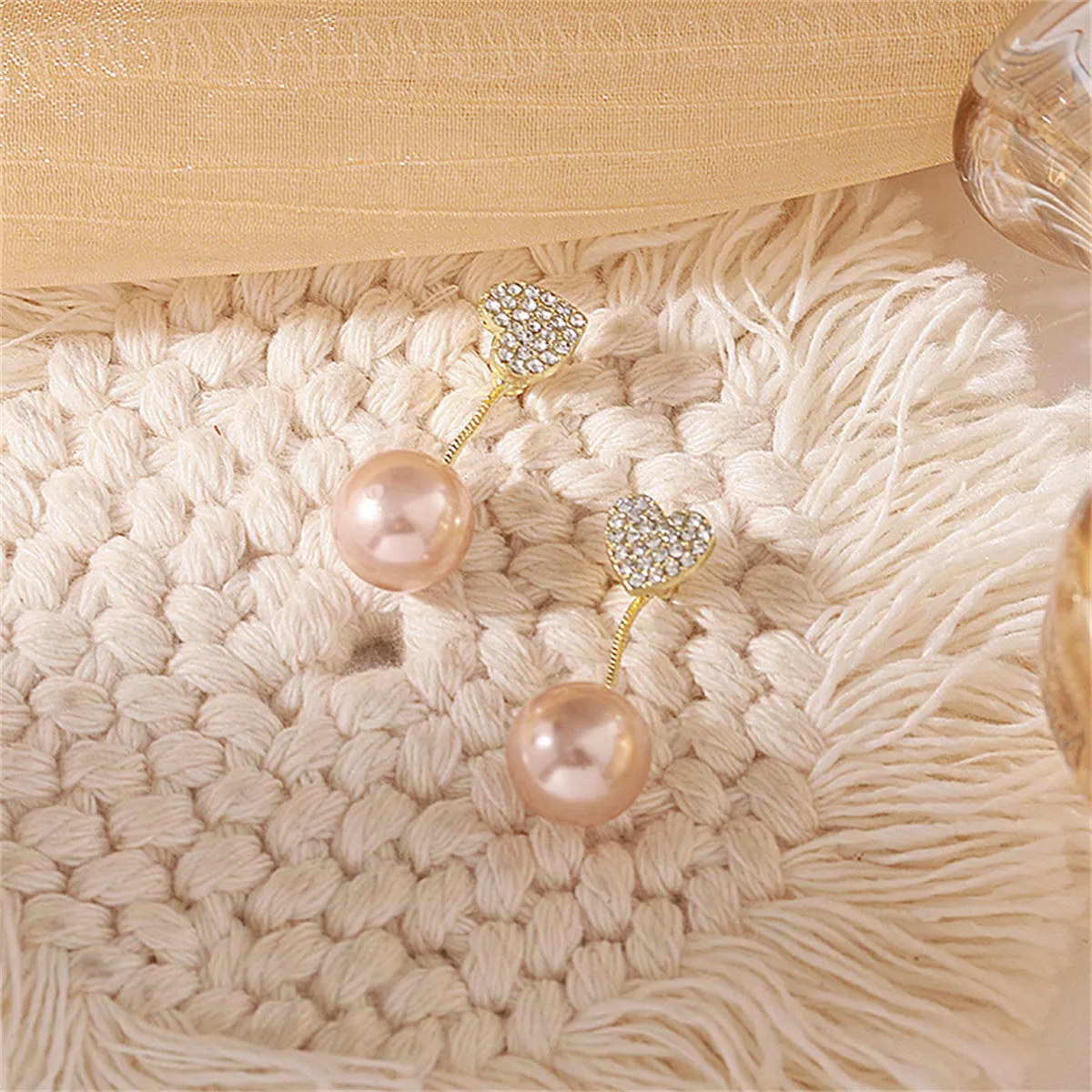 Champagne Pearl & Cubic Zirconia Heart Ear Jackets