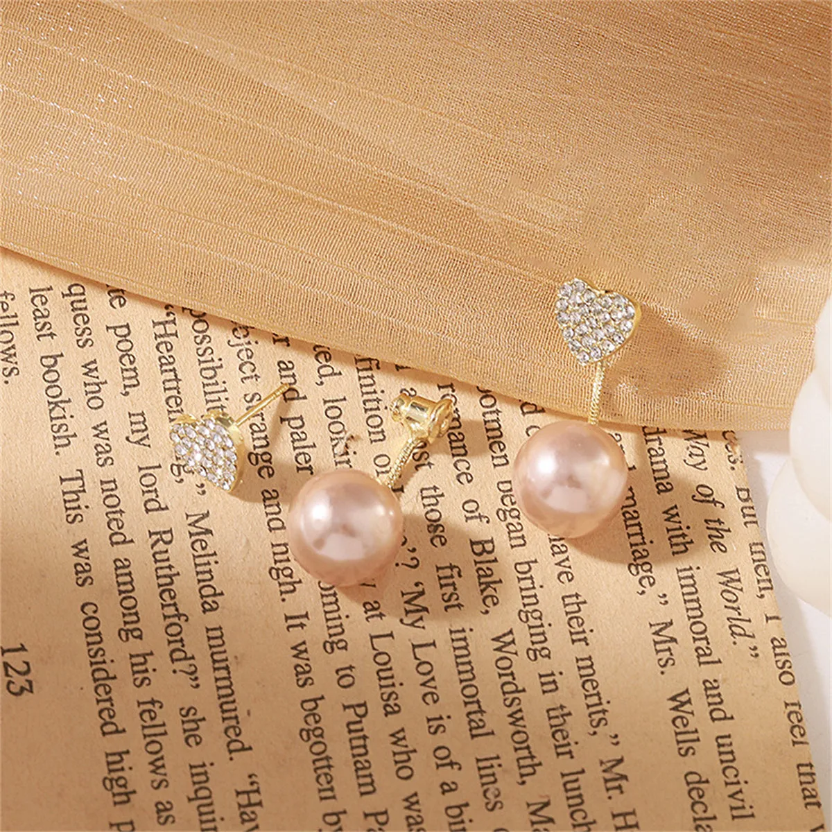 Champagne Pearl & Cubic Zirconia Heart Ear Jackets