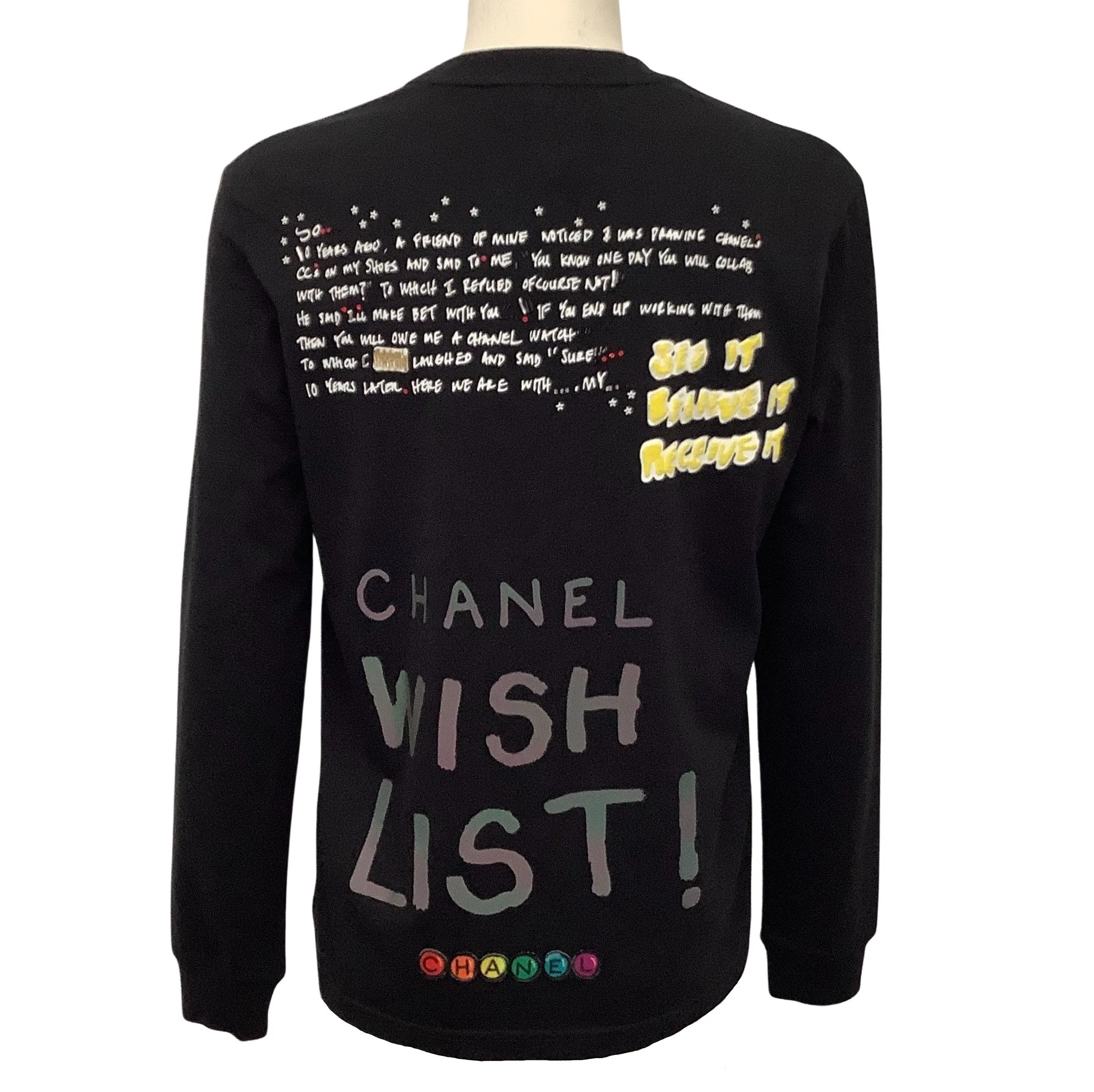 Chanel Black Cotton Long Sleeve Pharrell Wish List Tee Shirt