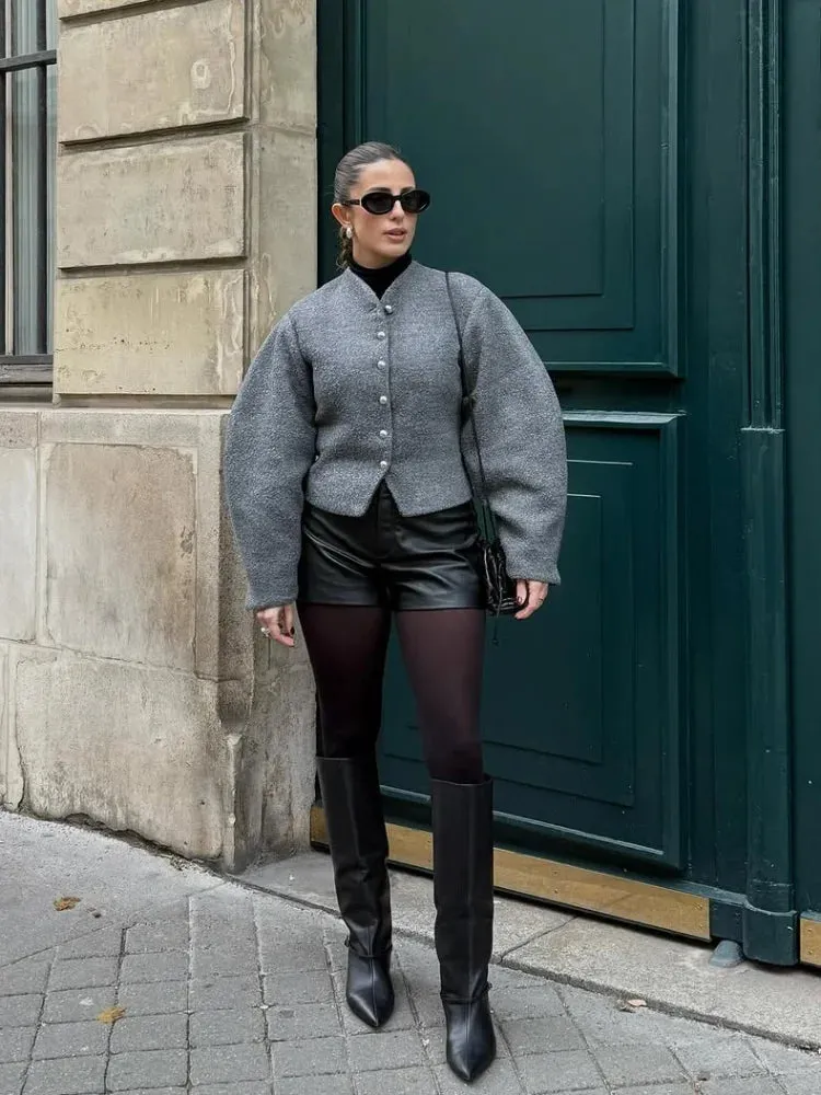 Chic Gray Round Neck Woolen Blends Puff Sleeve Coat Women Vintage