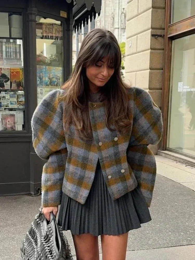 Chic Gray Round Neck Woolen Blends Puff Sleeve Coat Women Vintage