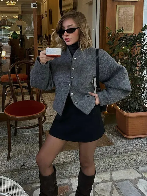 Chic Gray Round Neck Woolen Blends Puff Sleeve Coat Women Vintage