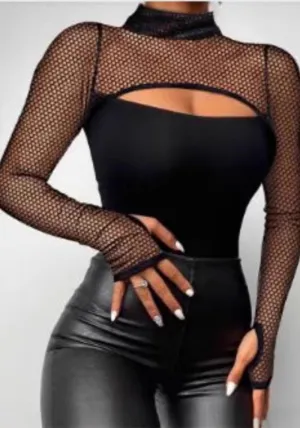 Chic High-Neck Mesh Patchwork See-Through Top