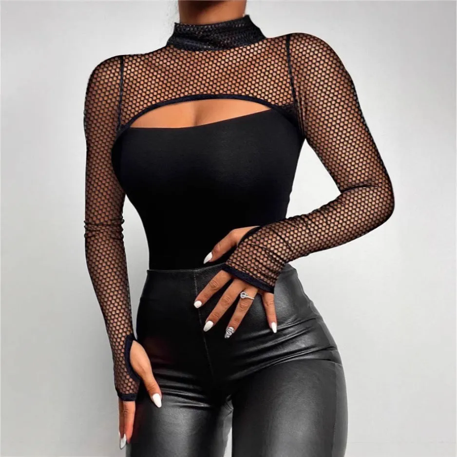 Chic High-Neck Mesh Patchwork See-Through Top