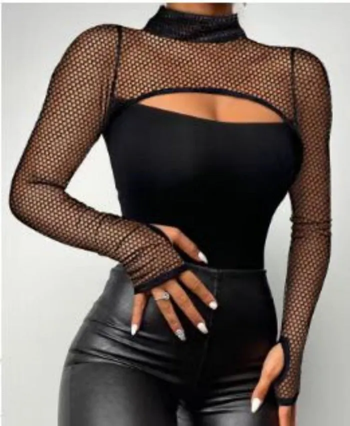 Chic High-Neck Mesh Patchwork See-Through Top