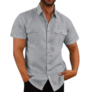Chic Men's Short Sleeve Shirt with Folded Collar for Summer