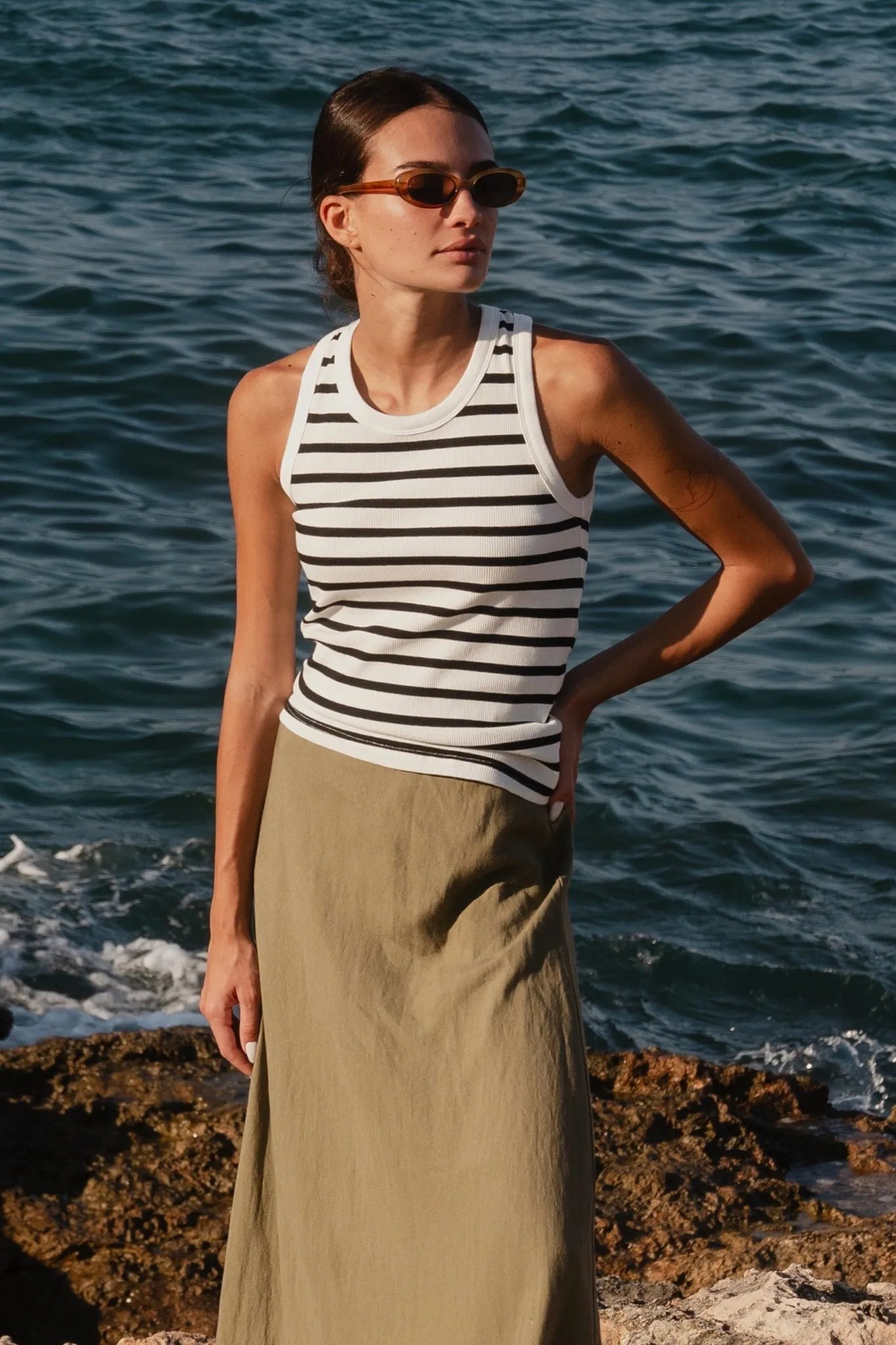 Cobble Rib Cutaway Tank - Black/White Stripe