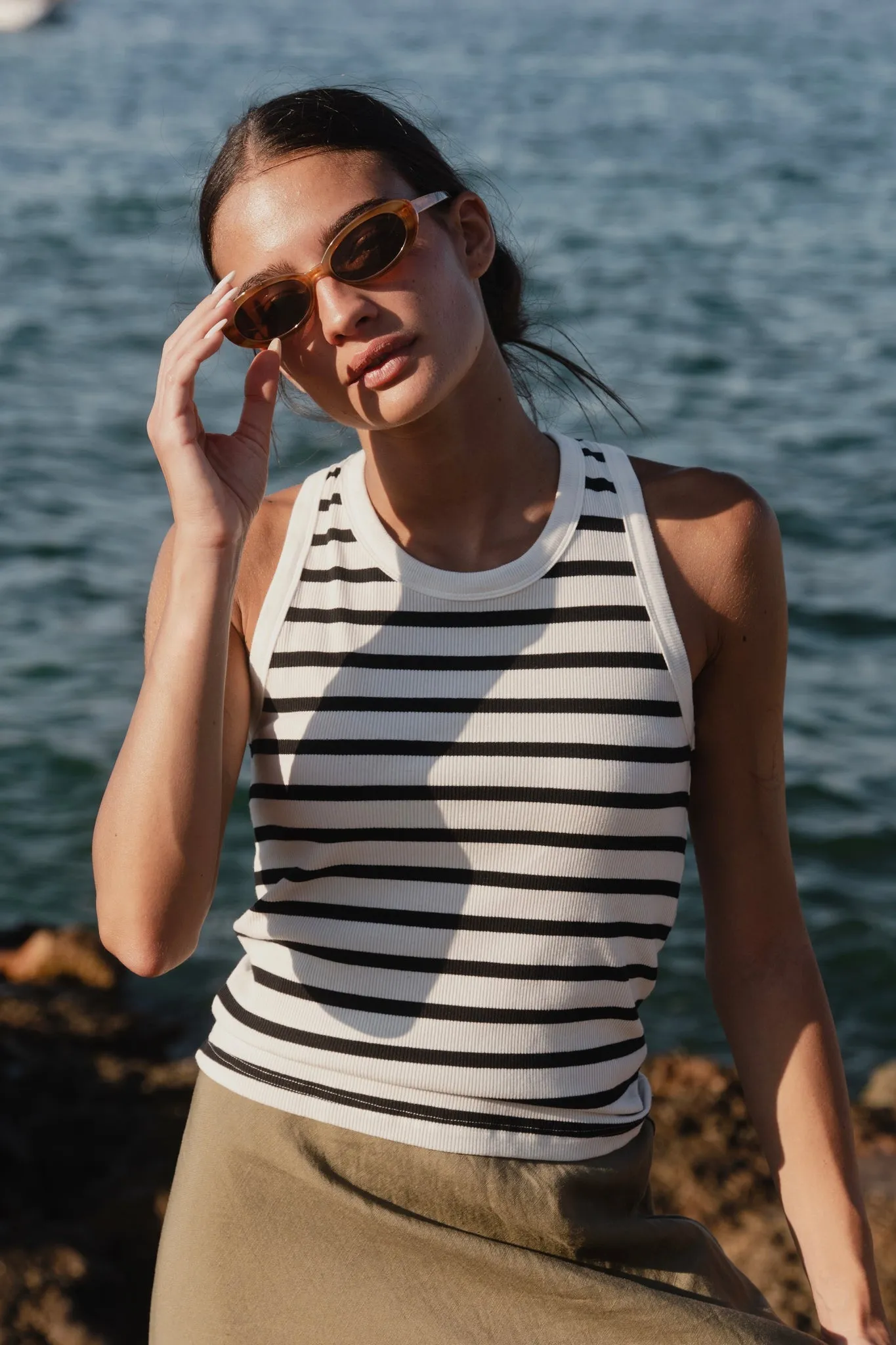 Cobble Rib Cutaway Tank - Black/White Stripe