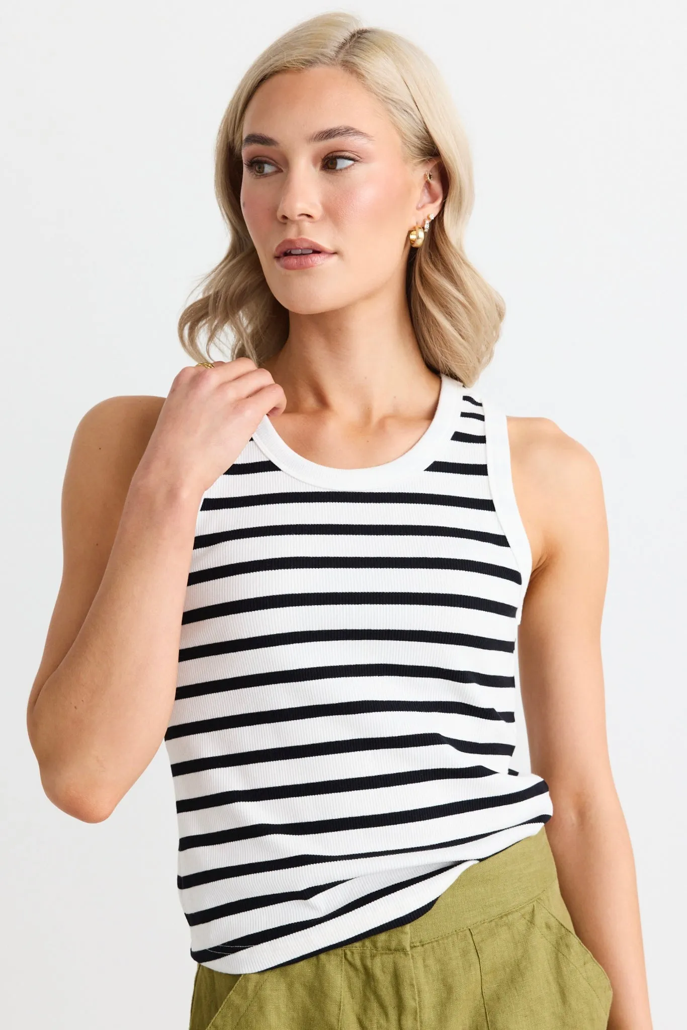 Cobble Rib Cutaway Tank - Black/White Stripe