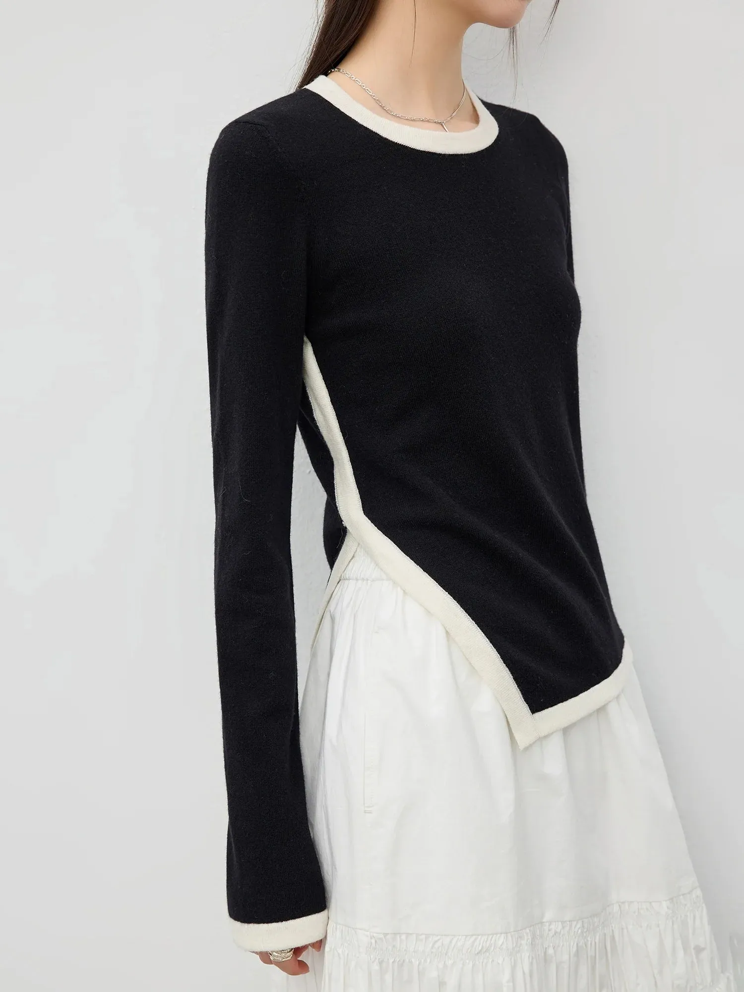 Contrasting Trim Asymmetrical Hem Sweater