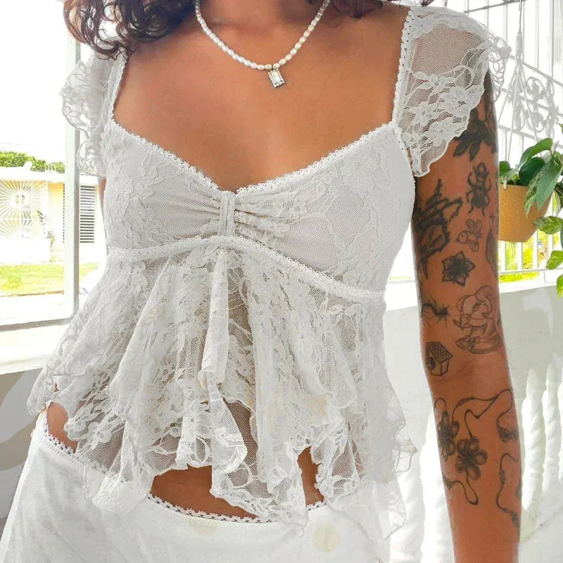 Coquette Lace Sheer Babydoll Vintage Crop Top