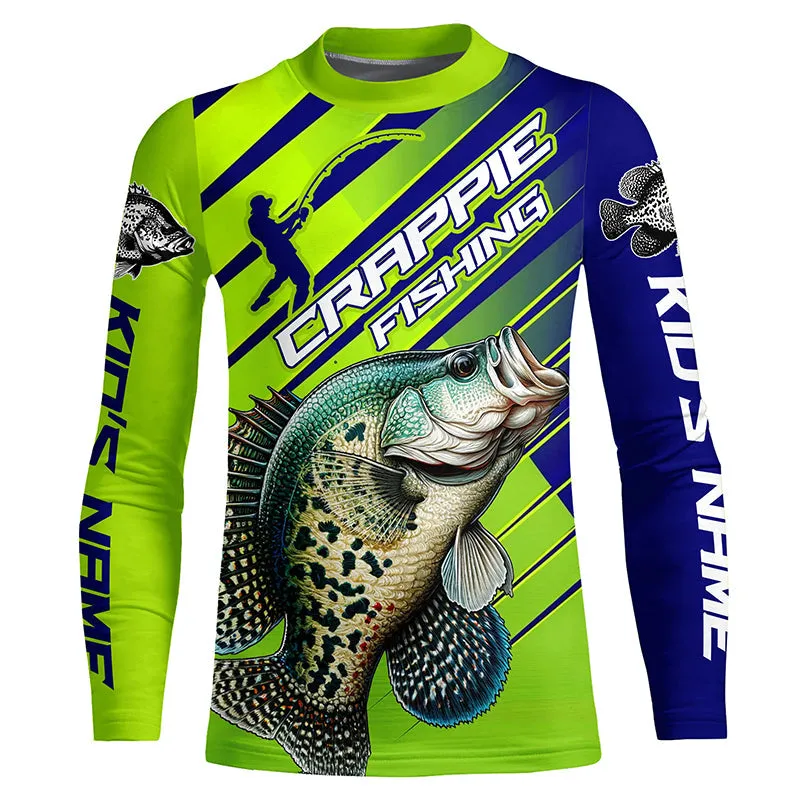 Crappie Fishing Custom Long Sleeve Tournament Shirts, Green And Blue Crappie Fishing Jerseys IPHW6280