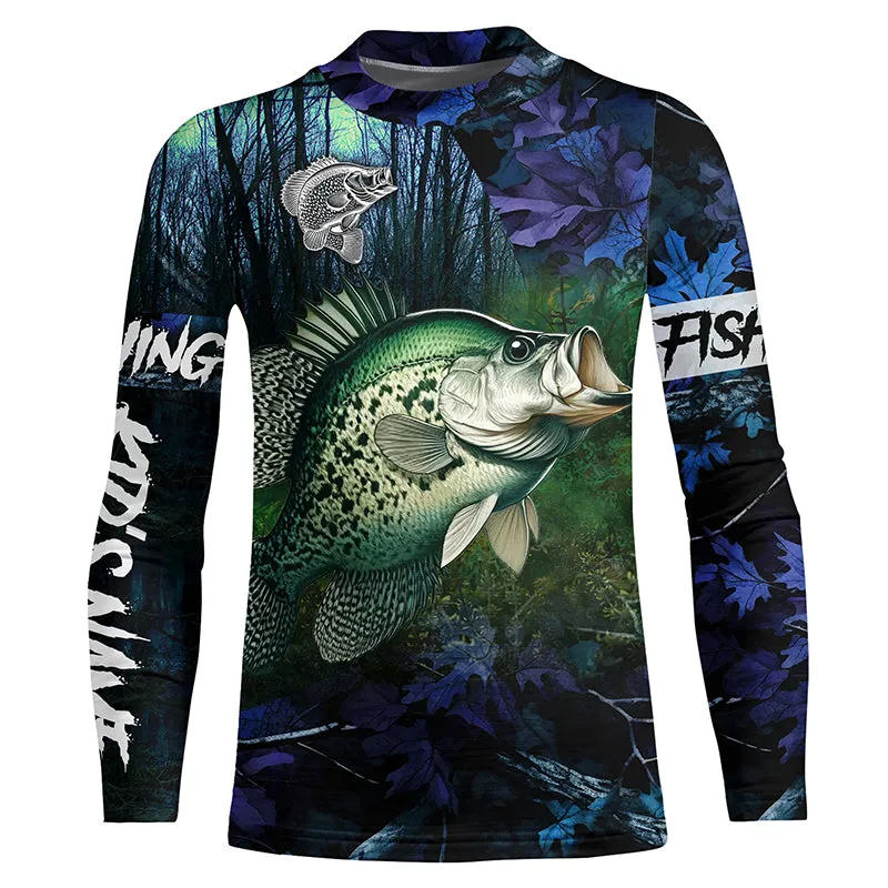 Crappie teal blue camo fishing apparel Customize name 3D All-over Print Fishing Kid Long sleeve fishing shirt NPQ227