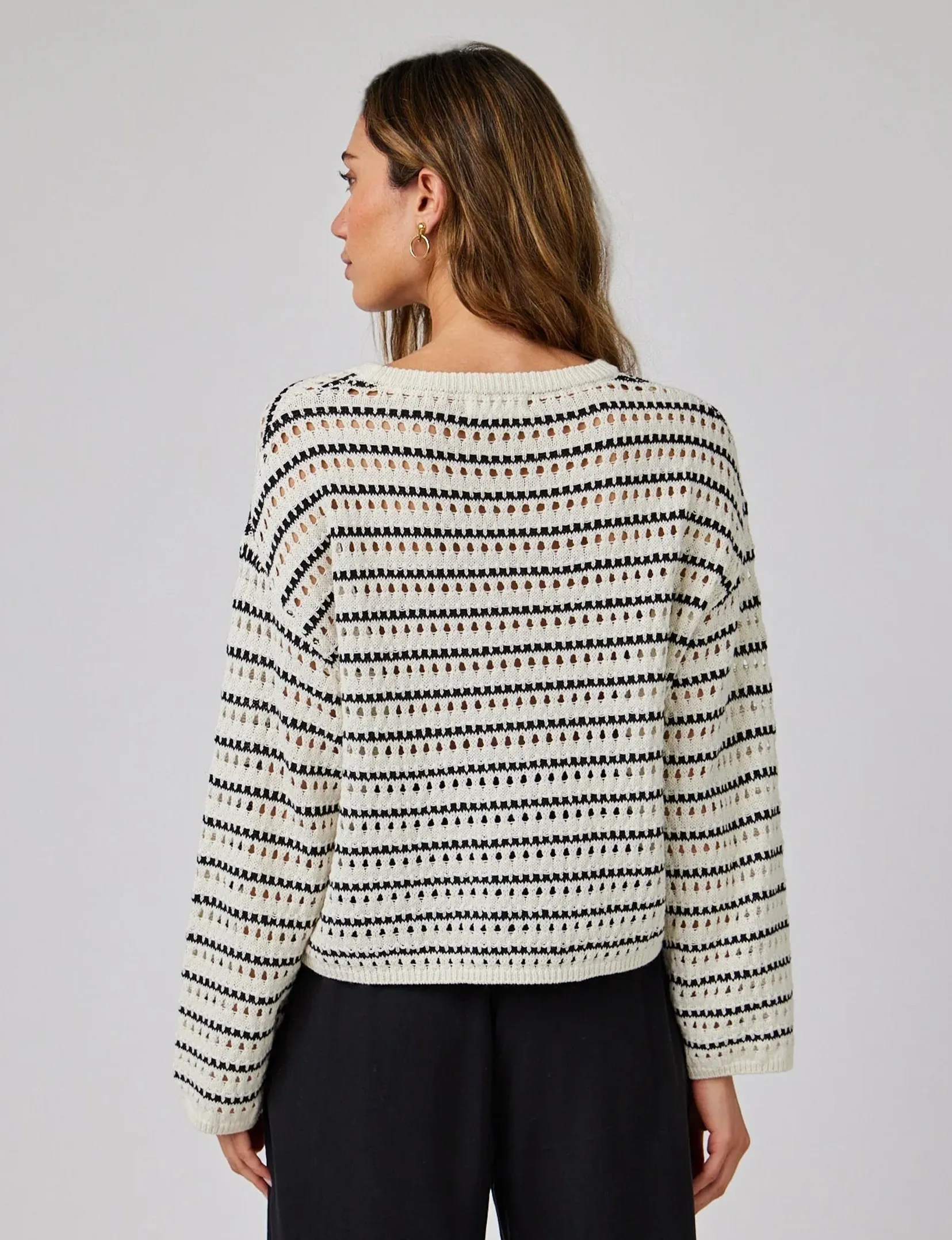 Crew Sweater, Ivory/Black Stripes