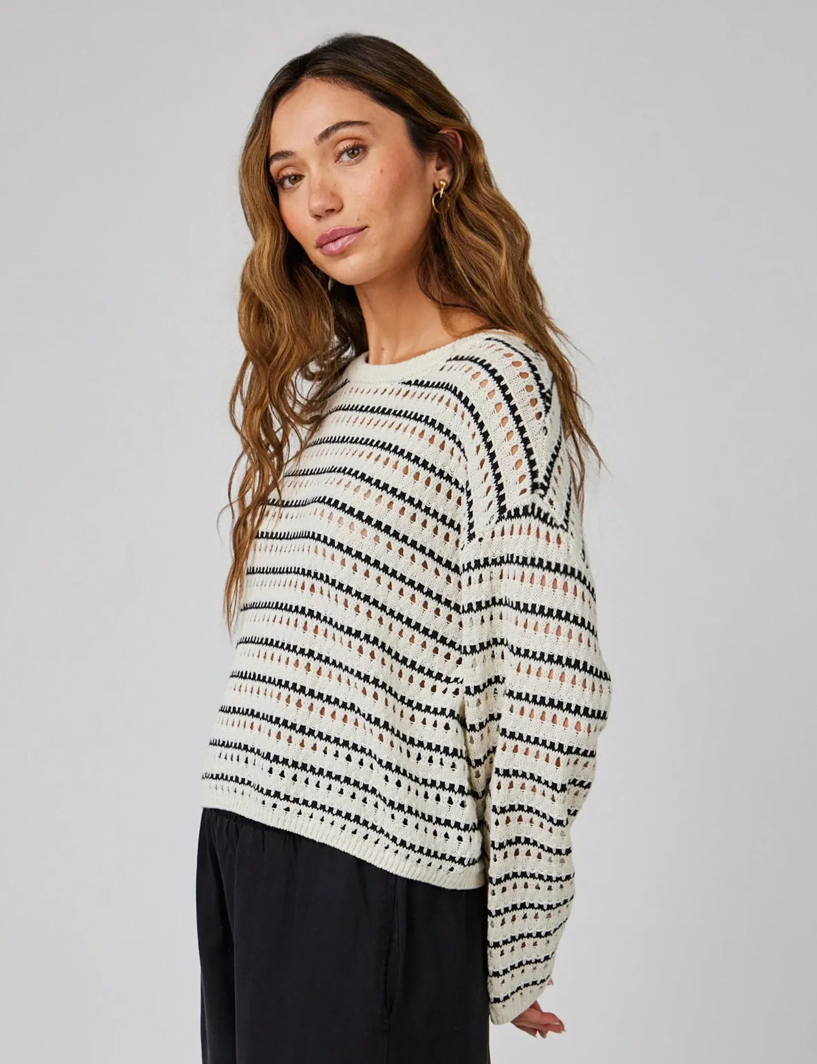 Crew Sweater, Ivory/Black Stripes