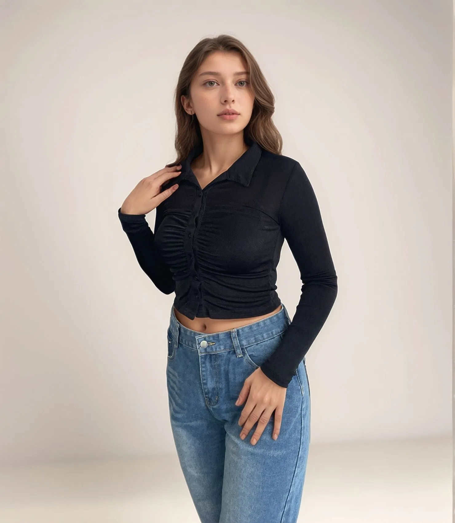 Cropped Black Ruched Shirt