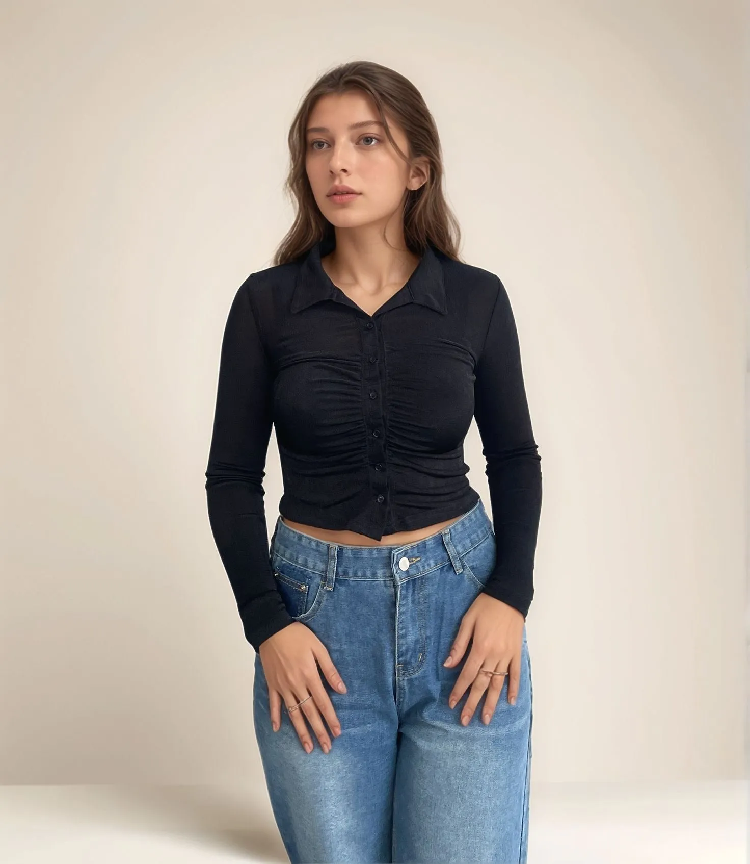 Cropped Black Ruched Shirt