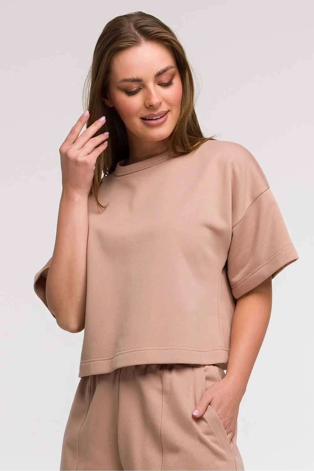 Cropped Boxy Blouse with Round Neck