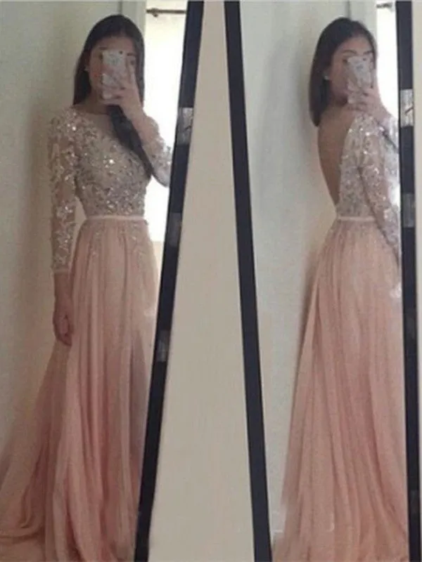 Custom Made Round Neck Long Sleeves V Neck Back Pink Prom Dresses, Long Sleeves Backless Formal Dresses