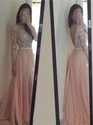 Custom Made Round Neck Long Sleeves V Neck Back Pink Prom Dresses, Long Sleeves Backless Formal Dresses