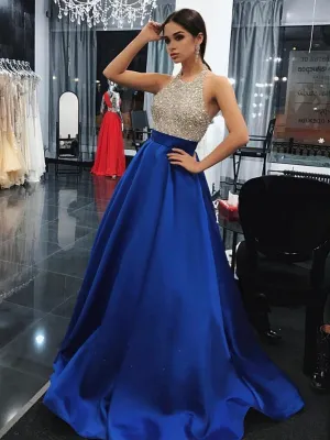 Custom Made Royal Blue A Line Round Neck Sleeveless Beading Satin Long Prom Dresses, Blue Formal Dresses, Royal Blue Evening Dresses