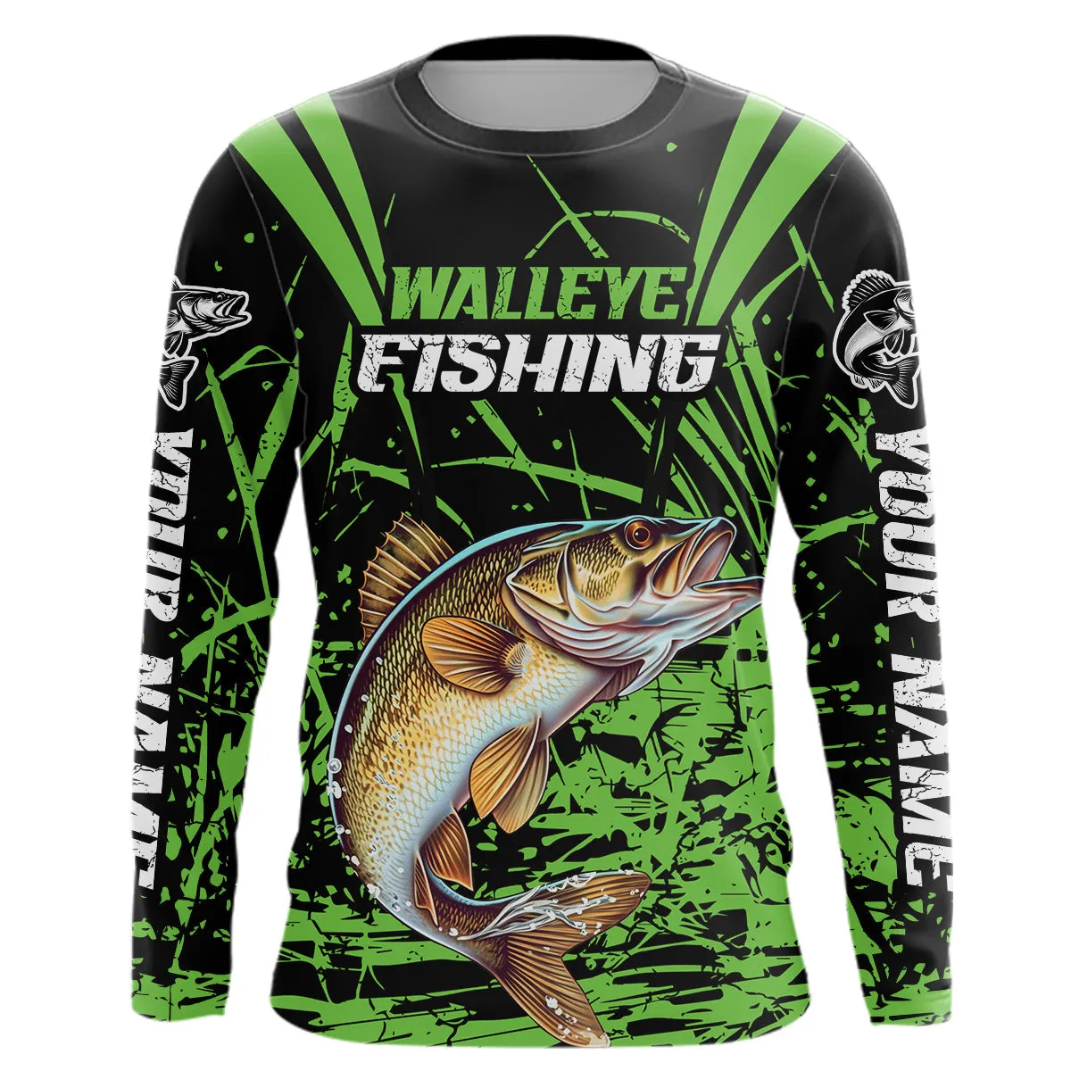Customized Walleye Fishing Long Sleeve Tournament Shirt, Walleye Fishing Gifts For Fisherman | Green IPHW6647