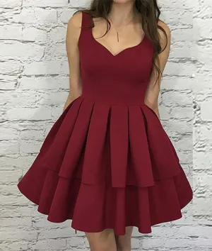 Cute Sweetheart Neck Burgundy Prom Dress, Burgundy Evening Dress, Black Short Prom Dress