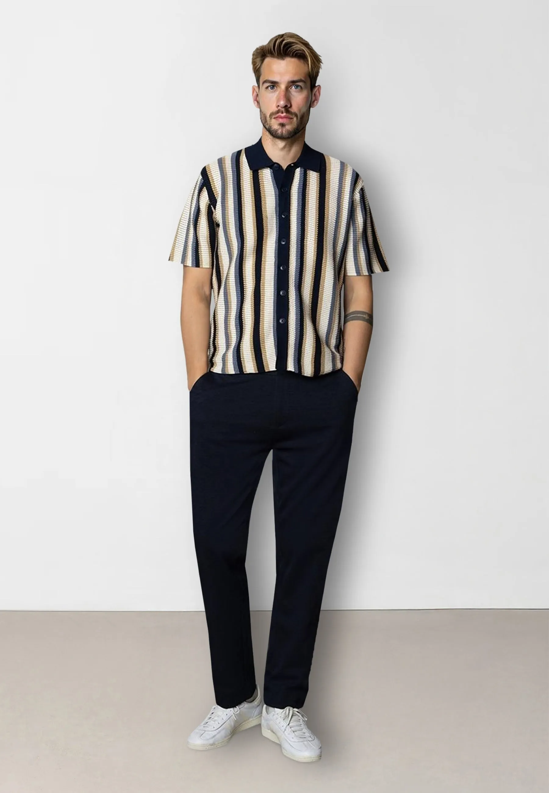 Daniel knitted shirt - Ecru/Blue striped
