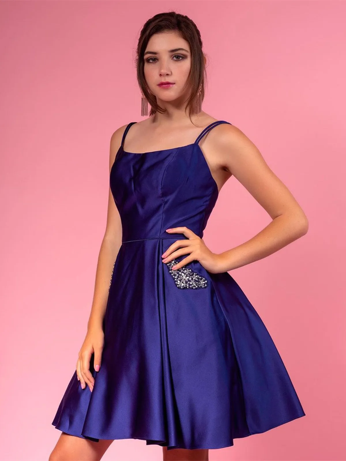 Dark Navy Blue Short Prom Dresses With Pocket Beading, Dark Navy Blue Short Formal Graduation Homecoming Dresses