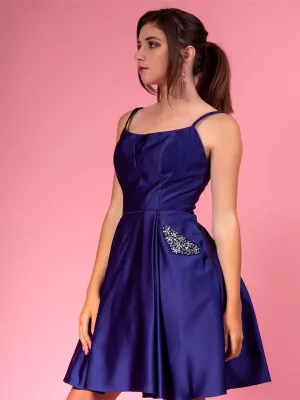 Dark Navy Blue Short Prom Dresses With Pocket Beading, Dark Navy Blue Short Formal Graduation Homecoming Dresses