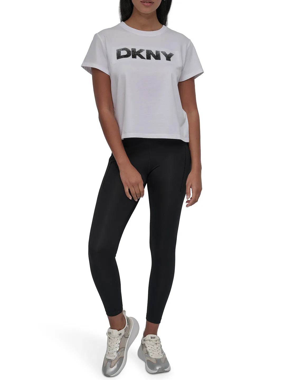 DKNY Women White Solid Round Neck Tshirt