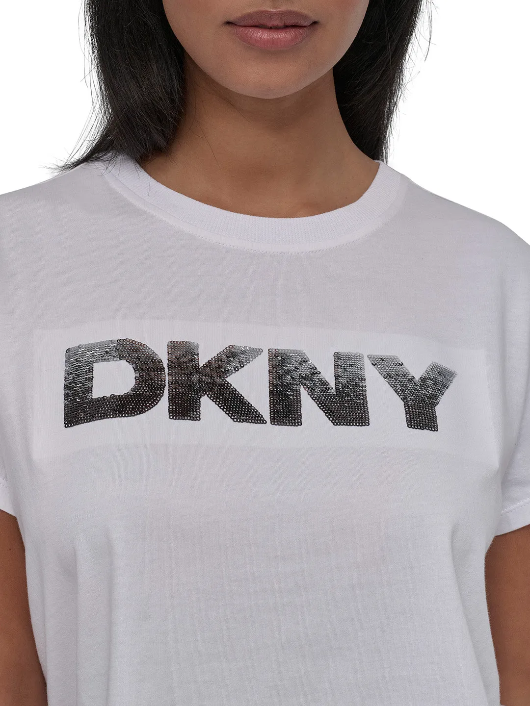 DKNY Women White Solid Round Neck Tshirt