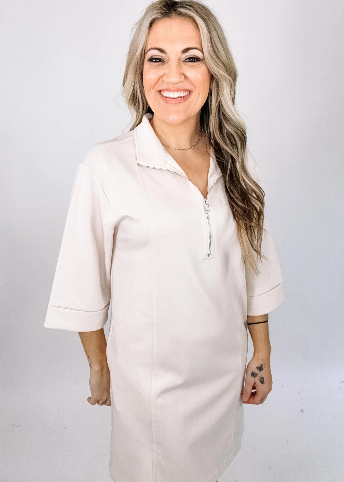 Ecru Half Zip Knit Dress