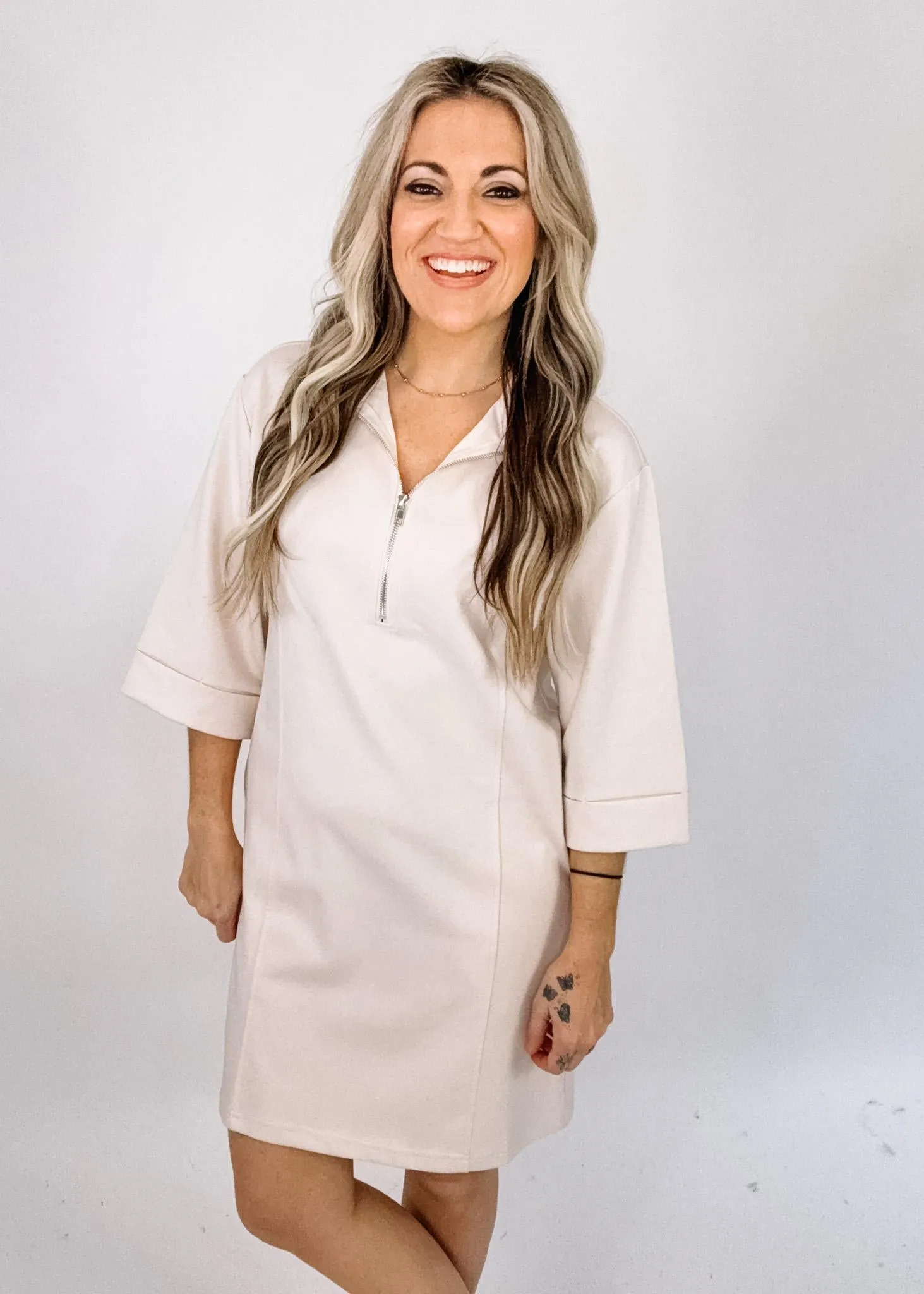 Ecru Half Zip Knit Dress