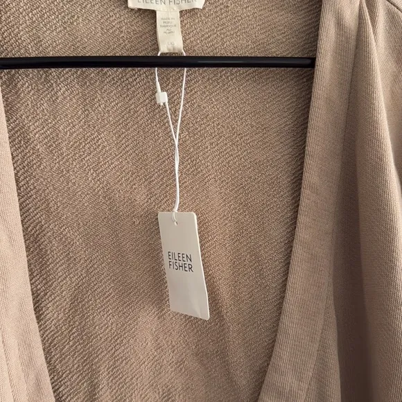 Eileen Fisher V-Neck Boxy Light Cardigan Khaki Sz L Deconstructed French Terry