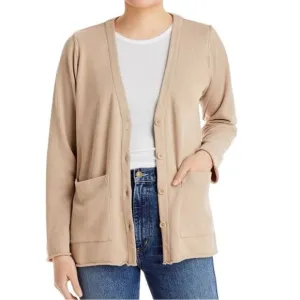 Eileen Fisher V-Neck Boxy Light Cardigan Khaki Sz L Deconstructed French Terry