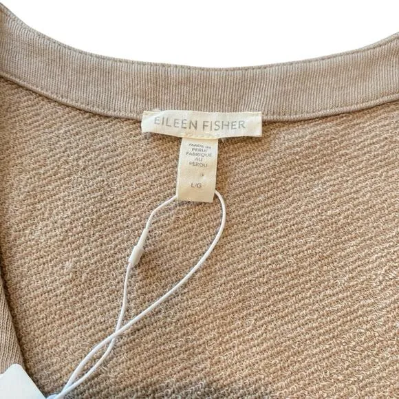 Eileen Fisher V-Neck Boxy Light Cardigan Khaki Sz L Deconstructed French Terry