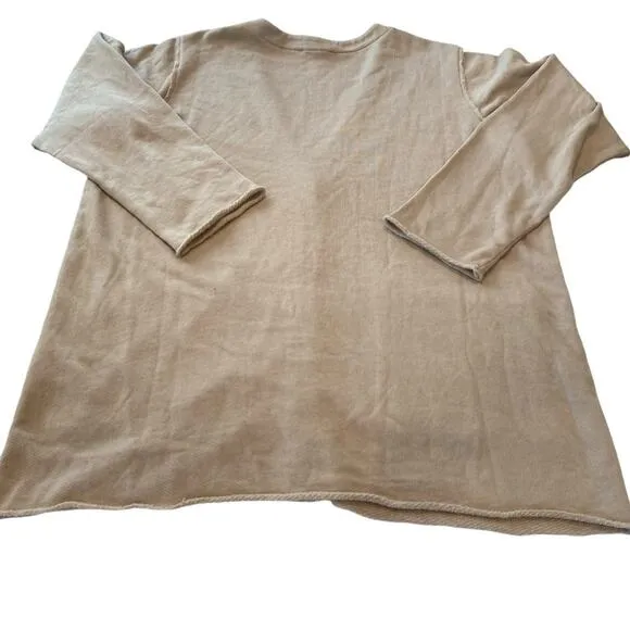 Eileen Fisher V-Neck Boxy Light Cardigan Khaki Sz L Deconstructed French Terry