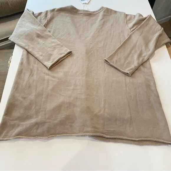 Eileen Fisher V-Neck Boxy Light Cardigan Khaki Sz L Deconstructed French Terry