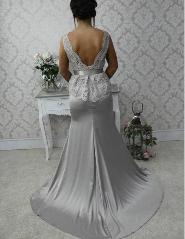 Elegant Scalloped-Edge Sweep Train Sheath Silver Bridesmaid Dress Lace Top with Bow Sash, TYP0934