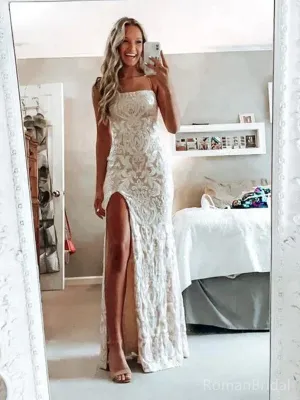 Elegant Spaghetti Strap Sleeveless Mermaid Lace Long Prom Dresses With Slit For Party Online, OL460