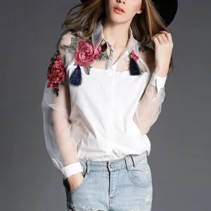 Elegant Women Blouse Flower Embroidery Vintage Shirts Blouses Organza Sleeve Tops