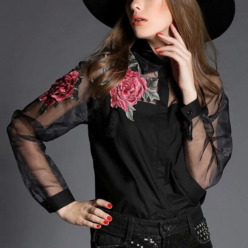 Elegant Women Blouse Flower Embroidery Vintage Shirts Blouses Organza Sleeve Tops