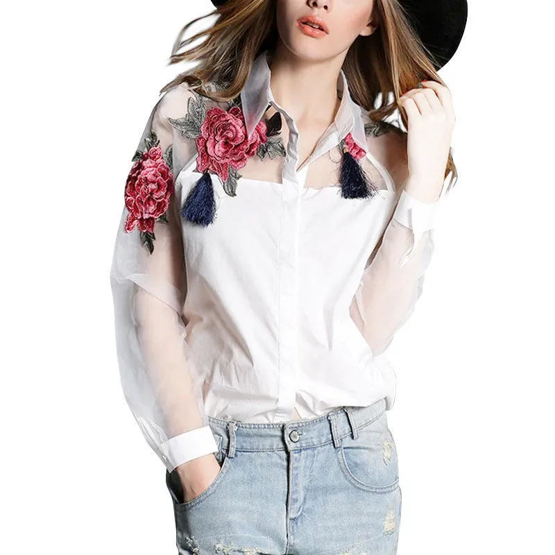 Elegant Women Blouse Flower Embroidery Vintage Shirts Blouses Organza Sleeve Tops